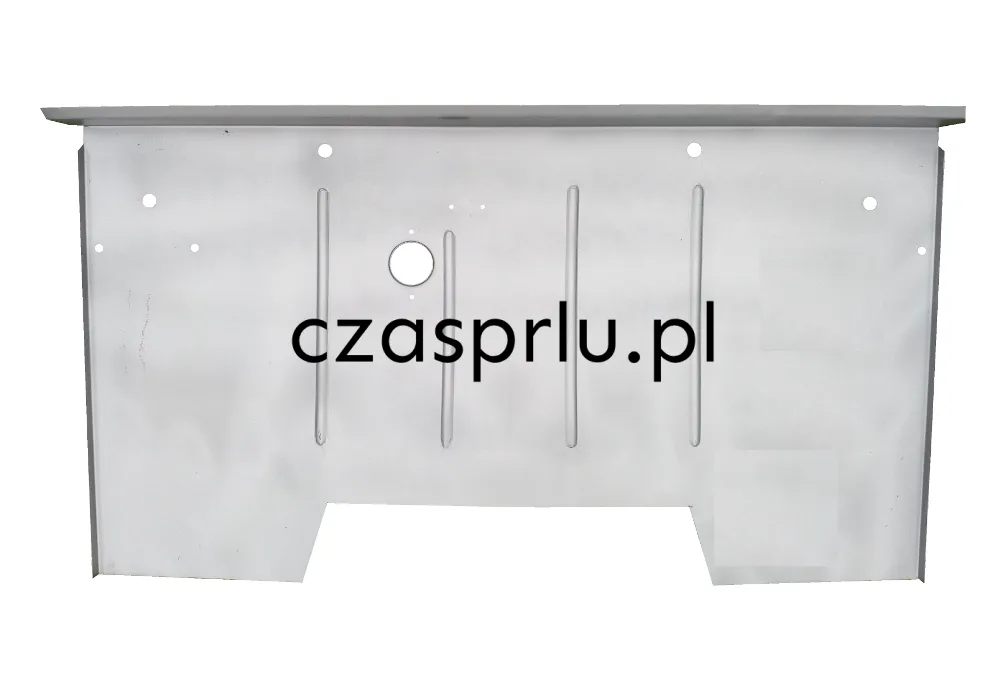 Blaszana reperaturka przedniej podłogi do Syreny 104/105, z otworami montażowymi i otworem rewizyjnym do pompy hamulcowej.