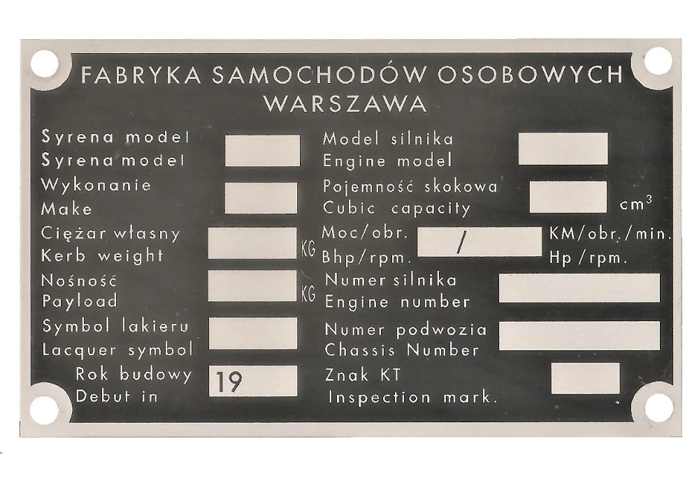 TABLICZKA ZNAMIONOWA FSO 104 SYRENA